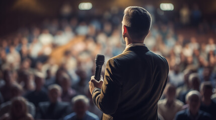 A man making a speech in a large auditorium with audience at a business conference. Motivational trainer performing on stage. Public speaker giving talk at business event - obrazy, fototapety, plakaty
