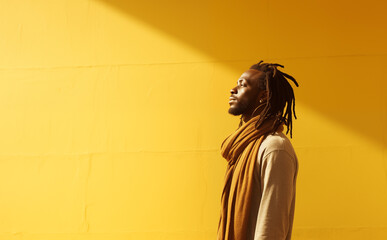 African man with dreadlocks standing over yellow wall looking up to sunlight, with copy space