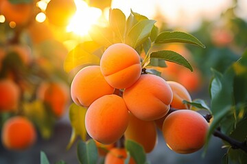 Blossoming apricot tree with vibrant foliage and bountiful clusters of ripe and juicy apricots