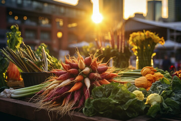 Radishes and vegetables at the city farmer market - obrazy, fototapety, plakaty