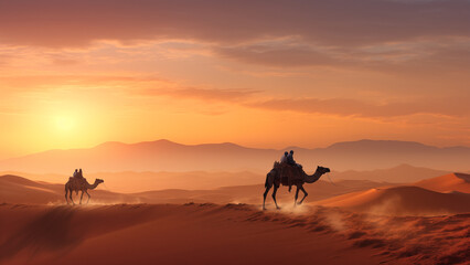 A procession of caravans crossing the endless desert sea at sunset