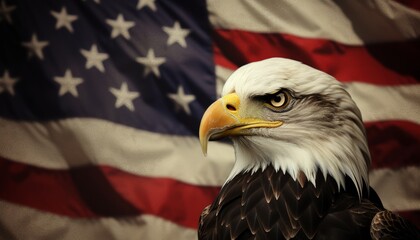 Majestic american bald eagle perched on grunge american flag with distressed vintage effect