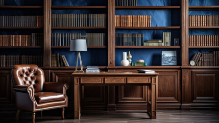 a study with a wooden desk and shelves filled with books and armchair