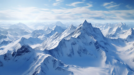 Fototapeta na wymiar A stunning aerial shot of a mountain range with jagged peaks and snow-covered slopes