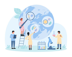 Epidemiology, research methods of disease prevention vector illustration. Cartoon tiny people with magnifying glass study viruses and bacterias, microscopic organisms in water on globe of Earth