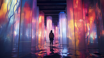 Person in the center of colorful glowing pillars in a fictious illustration
