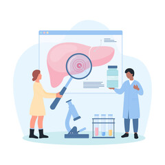 Study of liver disease, hepatology vector illustration. Cartoon tiny hepatologists with magnifying glass research anatomy infographic chart with liver, people analyzing health report for diagnosis