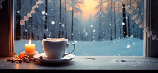 Winter warm embrace. Cozy morning tea by window. Snowy sip. Hot beverage delight in frosty...