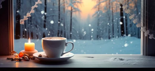 Deurstickers Winter warm embrace. Cozy morning tea by window. Snowy sip. Hot beverage delight in frosty landscape. Holiday serenity. Christmas cocoa with view. Woodland escape. Enjoying warmth in snow © Thares2020