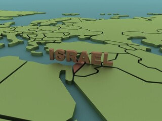 a 3D rendered map of middle east in green focused on Israel