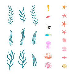 icon set marine's life vector design illustration. seahorse, starfish, batfish, jellyfish, sea animals, seaweed, seagrass, shell, pearl, conch, coral reef, algae. - obrazy, fototapety, plakaty
