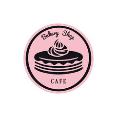 illustration of a cake. Simple feminine bakery logo design with cake on pink. Vector EPS 10
