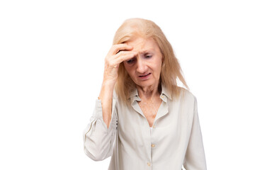 Tired faint senior adult old woman suffering from strong chronic headache migraine or memory loss...