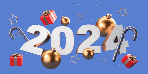 New Year 2024 with Christmas decorations, presents and candy canes background