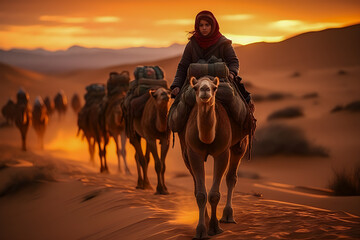 silhouette of camels in the desert - obrazy, fototapety, plakaty