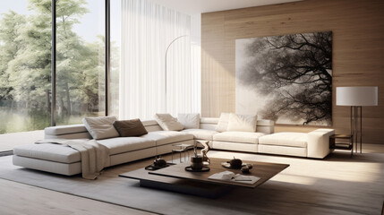 a stylish living room with a white sectional couch and a glass coffee table