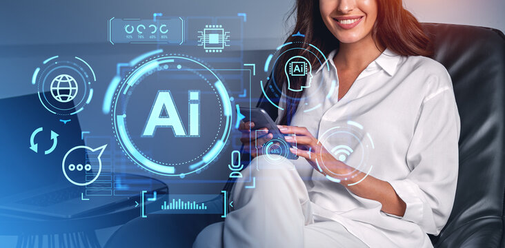 Woman finger touch phone, AI hologram and social media icons with indicators