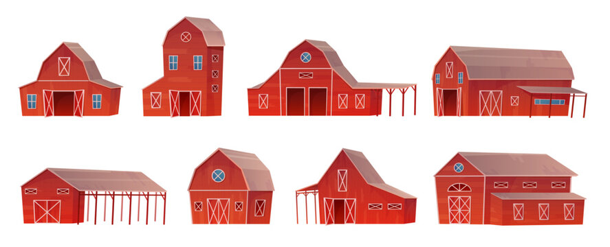 Farm barn set vector illustration. Cartoon isolated front view of rural red wooden houses of different types, ranch building with doors, gates and windows, agriculture warehouse and animal shelter