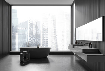 Grey wooden home bathroom interior with washbasin and tub, panoramic window