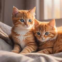 two cute cats in bedroom winter season 
