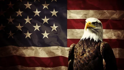 Zelfklevend Fotobehang Powerful american bald eagle with outstretched wings on grunge american flag background © Ilja