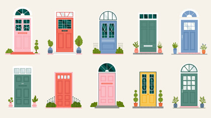 Entrance doors to house set vector illustration. Cartoon isolated outside front view of different wooden doors to home apartment or office with glass window and doorway, doorstep and plant decoration - obrazy, fototapety, plakaty