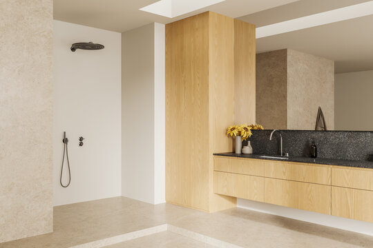 Fototapeta White and wooden bathroom corner with shower and sink