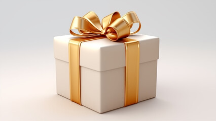 Box containing a precious gift decorated with gold ribbon on a white background
