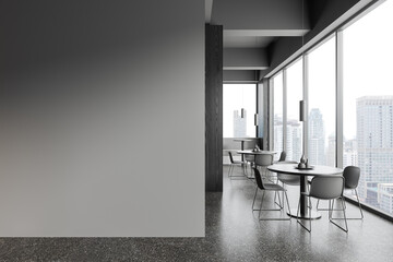 Gray and wooden cafe interior with blank wall