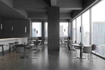 Dark restaurant interior with chairs and table, bar counter and panoramic window