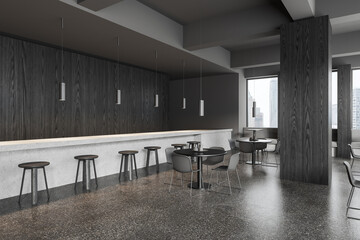 Black restaurant interior with dining space and bar counter, panoramic window - obrazy, fototapety, plakaty