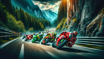 Motorcyclists in a high-speed race on a mountain pass, showcasing speed, precision, and vibrant racing gear. Generative AI