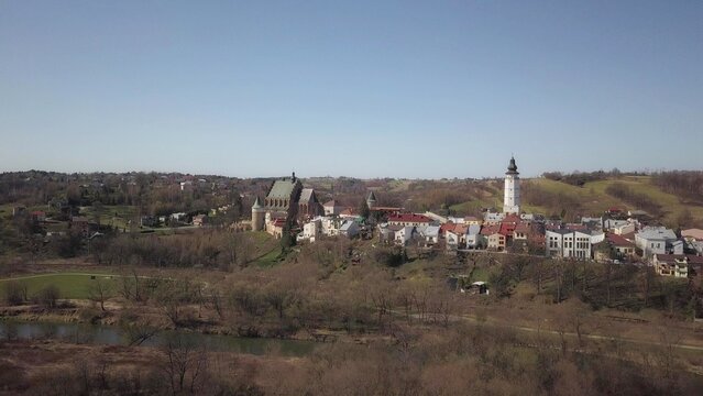 Biecz, Poland - 4 4 2019: Panorama of the ancient Polish city of Bech. Aerial photograph taken from a bird's flight shot by a quadrocopter or drone. Tourist place of medieval Carpathians architecture