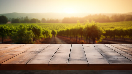 Image of an old wooden table with a vineyard background in the afternoon, for product display - obrazy, fototapety, plakaty