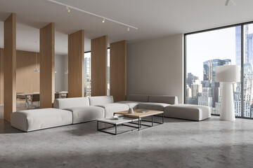 White and wooden living room and dining room interior