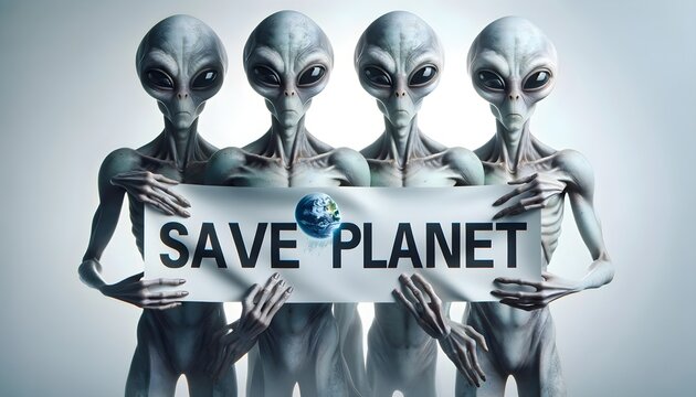 Group of aliens holding save planet banner