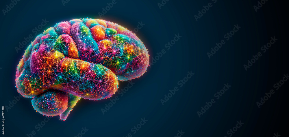 Poster Human brain with colorful polygonal network on black background. Machine learning concept. Generative AI