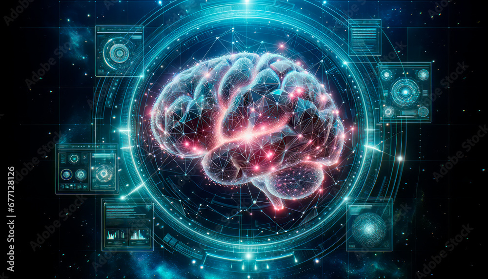 Poster creative artificial intelligence concept with human brain and hologram. generative ai