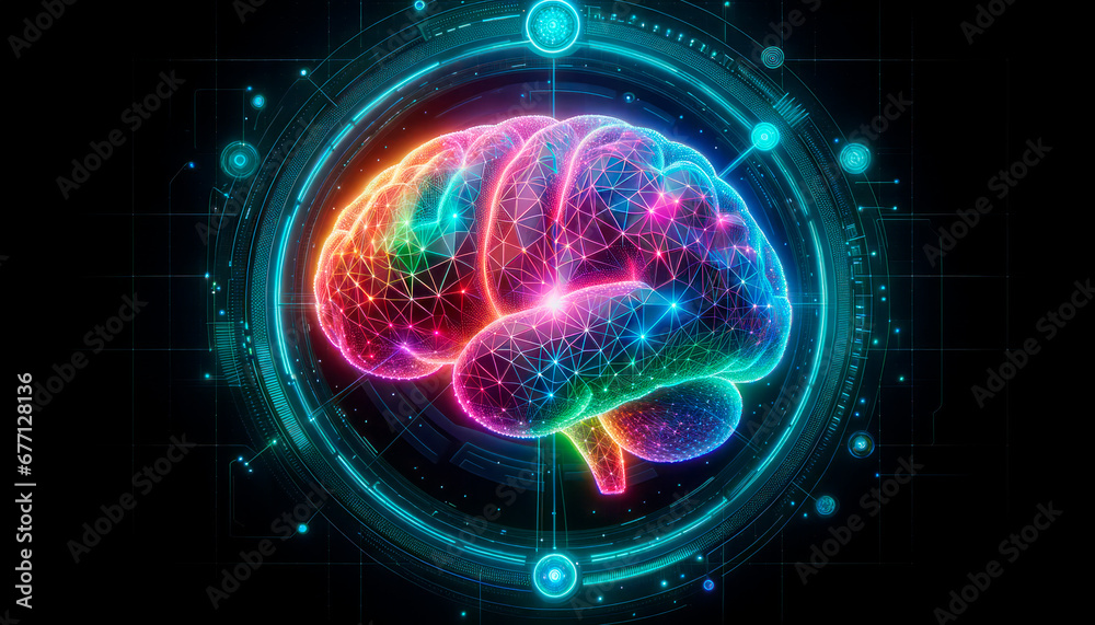 Poster Human brain on a dark background with HUD. Artificial intelligence concept. Generative AI