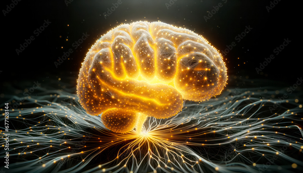 Aufkleber Human brain with glowing particles on abstract background. Artificial intelligence concept. Generative AI
