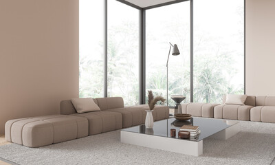 Beige hotel living room interior with sofa and coffee table, panoramic window