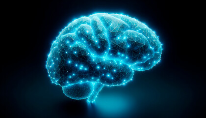 Creative glowing human brain on dark background. Artificial intelligence concept. Generative AI - obrazy, fototapety, plakaty