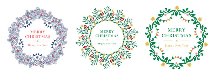 Set Merry christmas card winter wreath pine tree, New Year greeting card holiday circle sticker label minimalism frame border