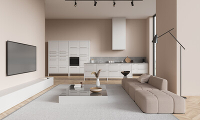 Beige flat interior with couch and window, kitchen with cooking and lounge zone