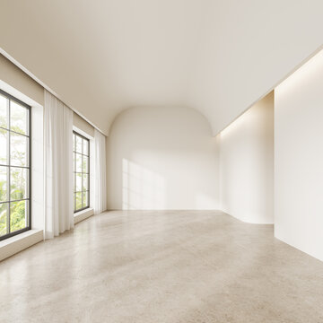 Beige empty living room interior andpanoramic window on tropics