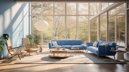 a sunroom with a glass wall and a wooden floor and a blue sofa and two armchairs and a coffee table