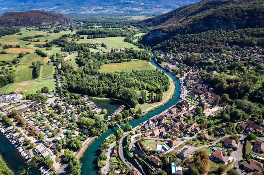 Aerial view of Chanaz, Canal de Savieres in Savoie, France