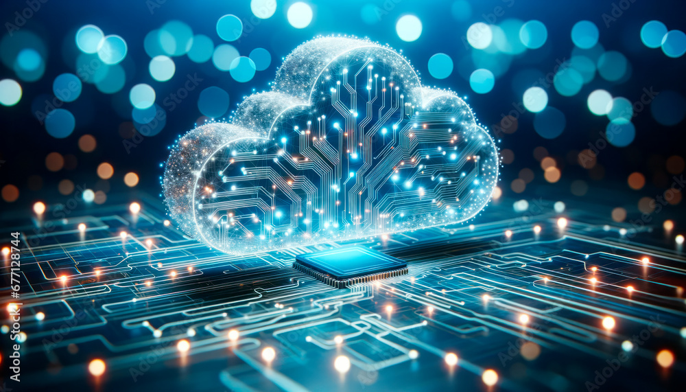 Poster Cloud computing concept with circuit board and cpu on blue background. Generative AI
