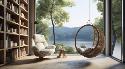 A contemporary reading nook with a hanging chair, modern bookshelves, and large windows providing a scenic outdoor view.