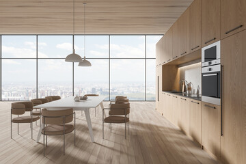 Wooden home kitchen interior with eating table, cooking shelves and window